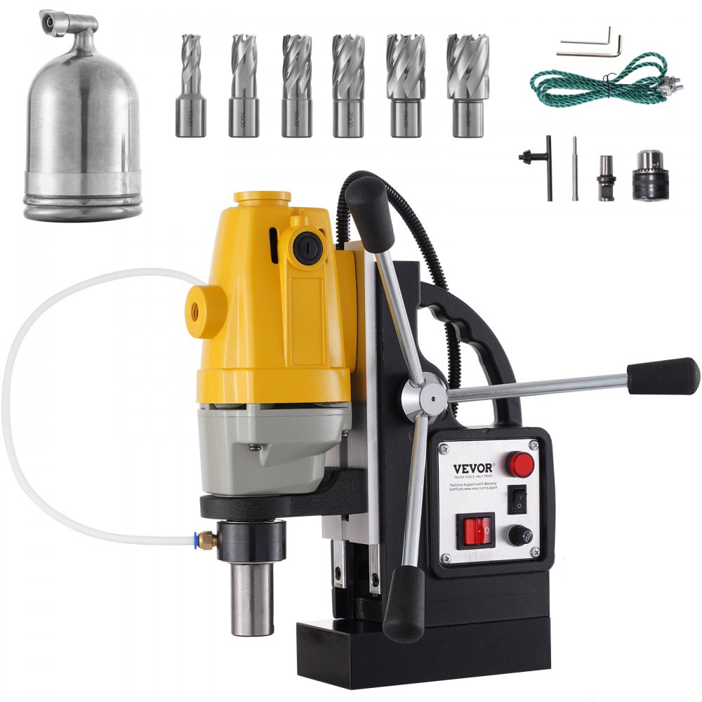 VEVOR magnetic drill press with multiple drill bits and accessories.