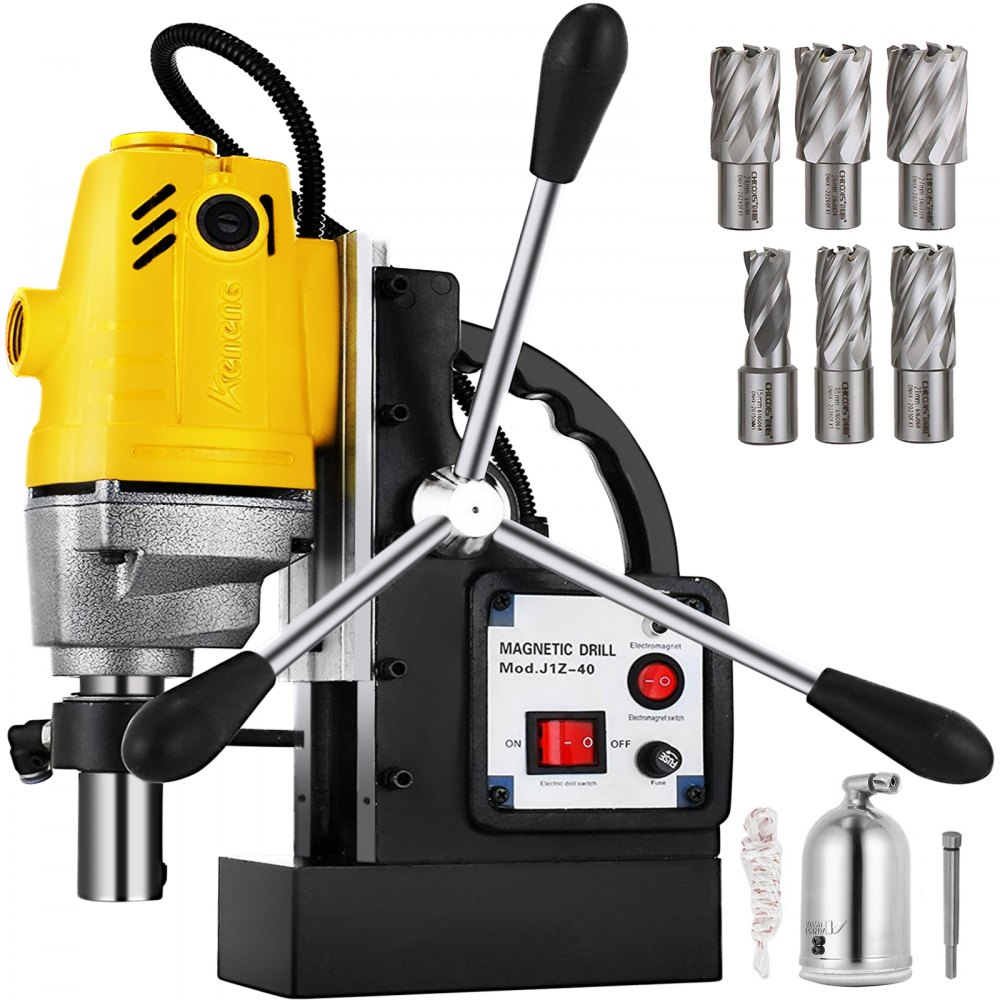 VEVOR 1100W Magnetic Drill Press with 1-1/2 Inch Boring Diameter MD40 Magnetic Drill Press Machine 2810 LBS Magnetic Force Magnetic Drilling System 670 RPM with 6 Pcs HSS Annular Cutter Kit | VEVOR US