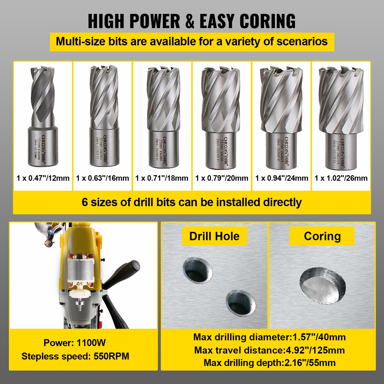 VEVOR MD40 Magnetic Drilling Machine with 6PC 1 in HSS Cutter Set Annular Cutter Bits MD40 Industruial 1100W 40mm Magnetic Mag Drill w/6PC 1" HSS Annular Drill Bits