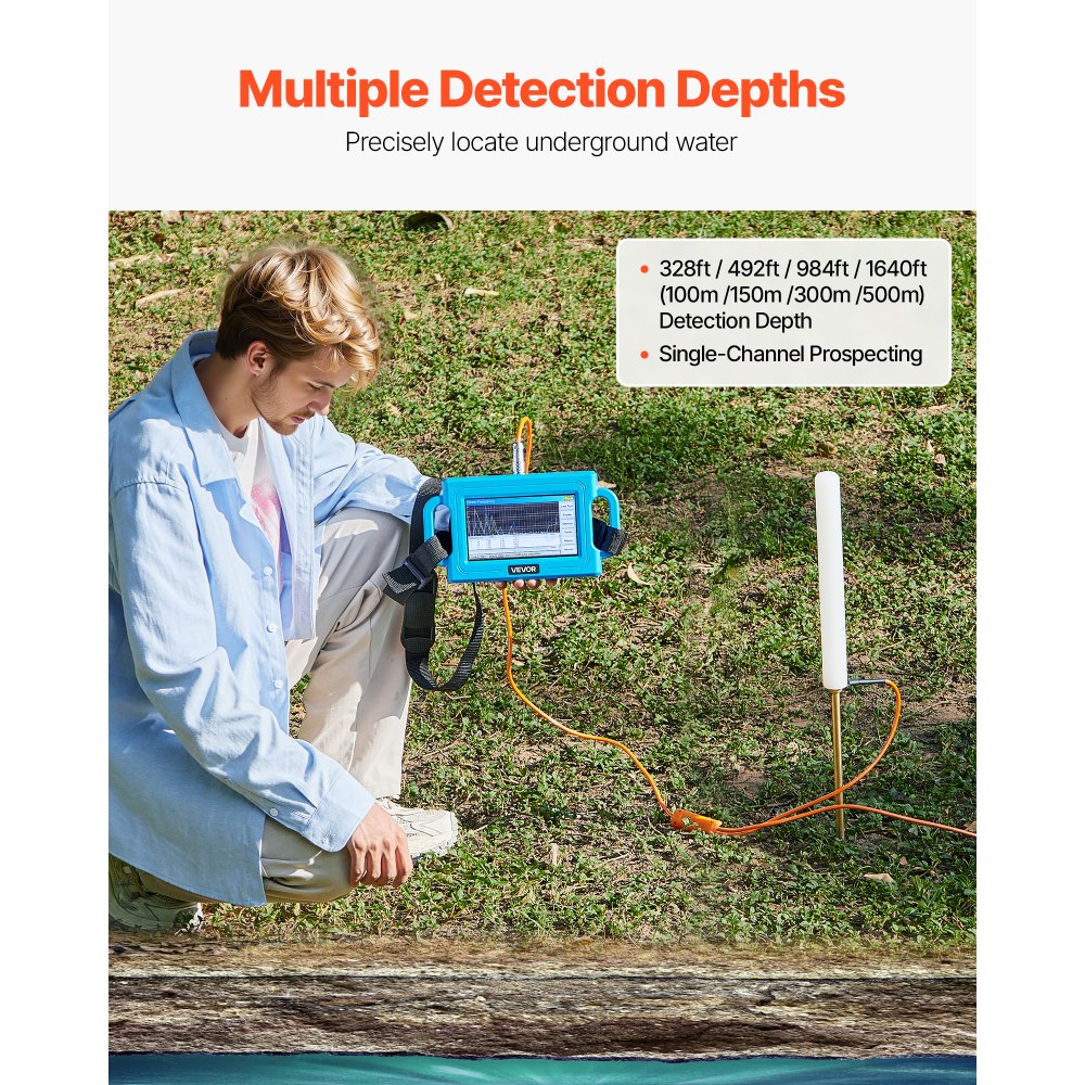 VEVOR Underground Water Detector, Up to 1640ft (500m) Pro Underground Water Detection Locator, 7" Touchscreen Auto Mapping Well Detector Explorer with Multi-Frequency Measurement, 8GB Card, Carry Case