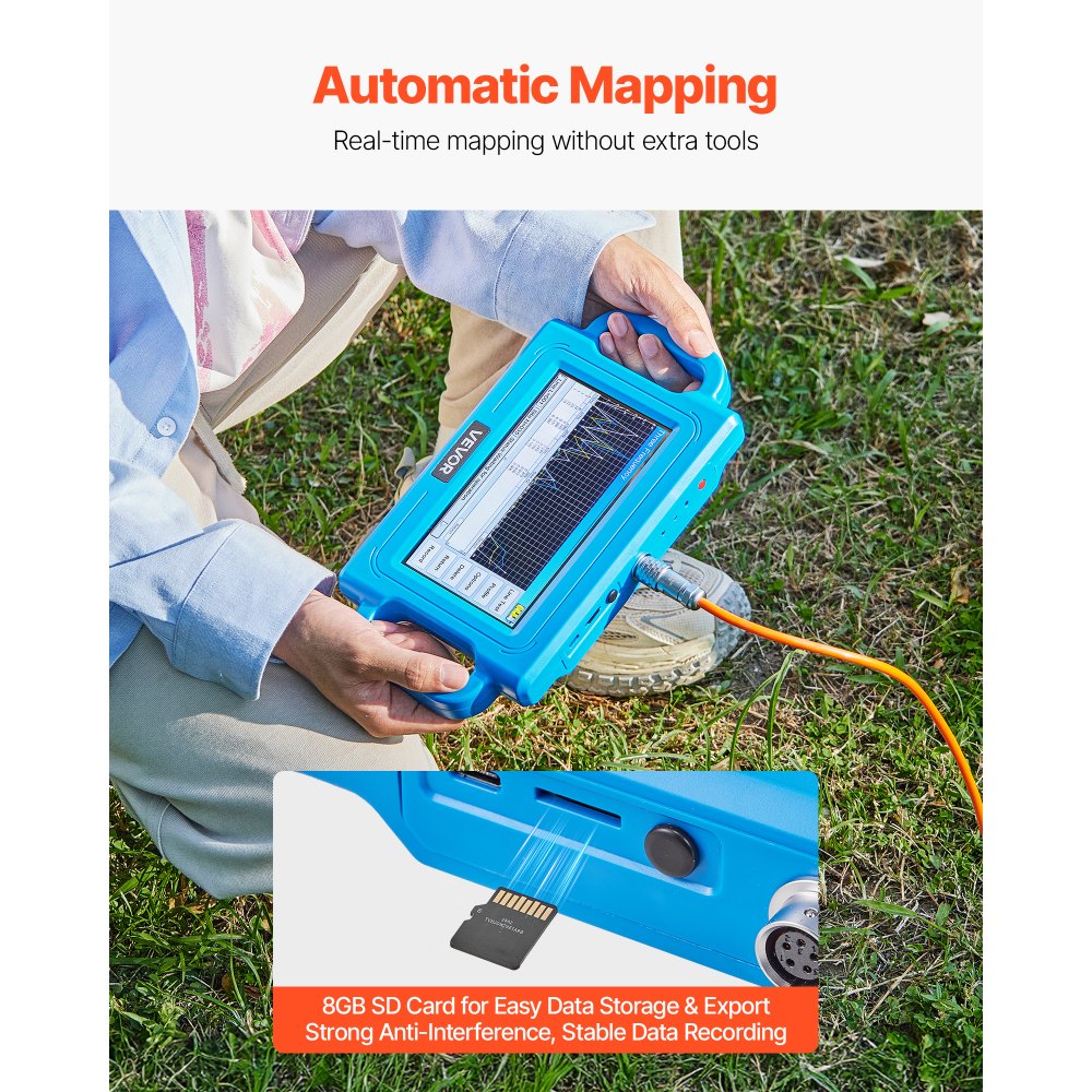 VEVOR Underground Water Detector, Up to 1640ft (500m) Pro Underground Water Detection Locator, 7" Touchscreen Auto Mapping Well Detector Explorer with Multi-Frequency Measurement, 8GB Card, Carry Case