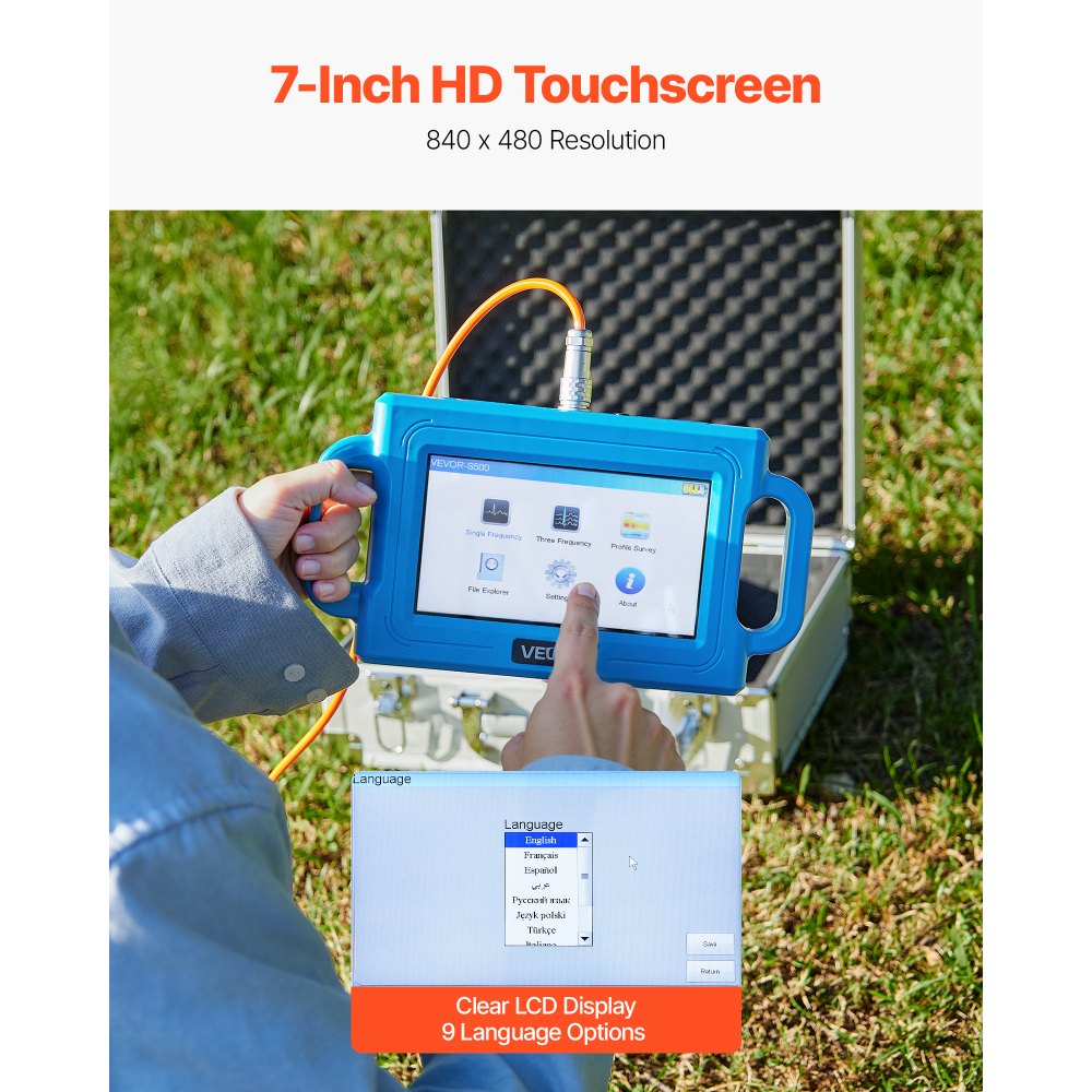 VEVOR Underground Water Detector, Up to 1640ft (500m) Pro Underground Water Detection Locator, 7" Touchscreen Auto Mapping Well Detector Explorer with Multi-Frequency Measurement, 8GB Card, Carry Case