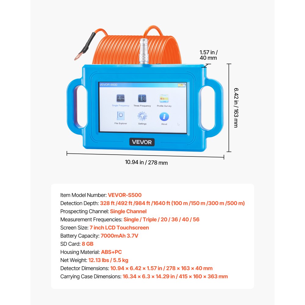 VEVOR Underground Water Detector, Up to 1640ft (500m) Pro Underground Water Detection Locator, 7" Touchscreen Auto Mapping Well Detector Explorer with Multi-Frequency Measurement, 8GB Card, Carry Case