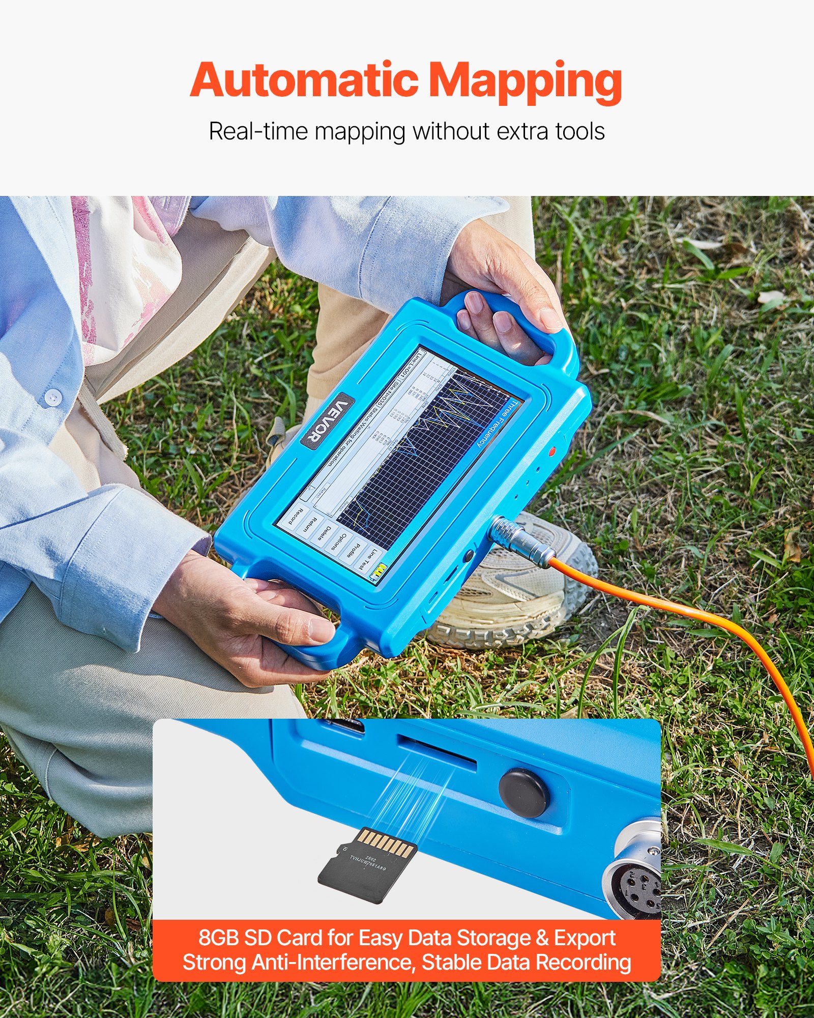 VEVOR Underground Water Detector, Up to 1640ft (500m) Pro Underground Water Detection Locator, 7" Touchscreen Auto Mapping Well Detector Explorer with Multi-Frequency Measurement, 8GB Card, Carry Case