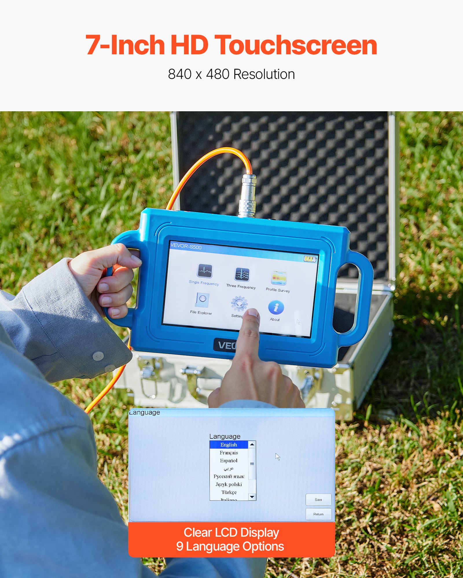 VEVOR Underground Water Detector, Up to 1640ft (500m) Pro Underground Water Detection Locator, 7" Touchscreen Auto Mapping Well Detector Explorer with Multi-Frequency Measurement, 8GB Card, Carry Case