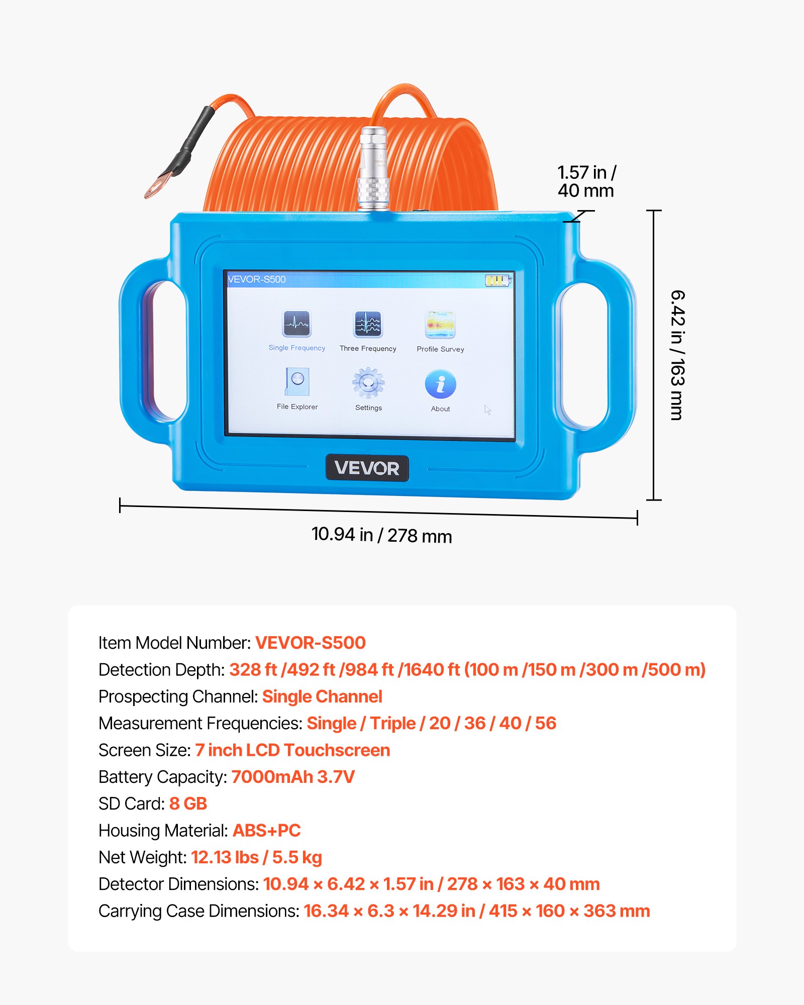 VEVOR Underground Water Detector, Up to 1640ft (500m) Pro Underground Water Detection Locator, 7" Touchscreen Auto Mapping Well Detector Explorer with Multi-Frequency Measurement, 8GB Card, Carry Case