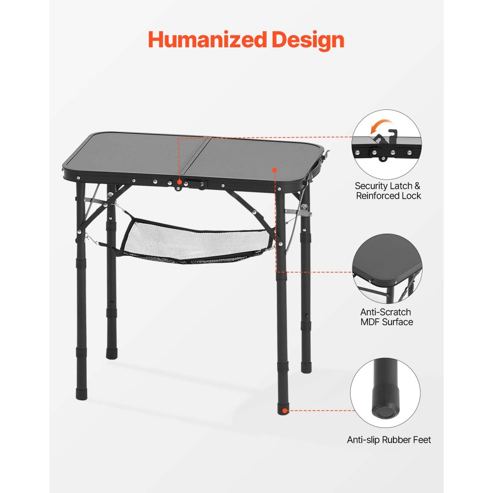 VEVOR Folding Camping Table, Adjustable Height Portable Side Tables, Aluminum MDF Beach Table with Mesh Layer, Carrying Handle, Lightweight Compact for Outdoor Picnic BBQ Cooking, 24x16in, Black