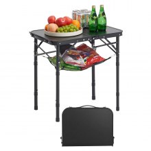 VEVOR Folding Camping Table, Adjustable Height Portable Side Tables, Aluminum MDF Beach Table with Mesh Layer, Carrying Handle, Lightweight Compact for Outdoor Picnic BBQ Cooking, 24x16in, Black