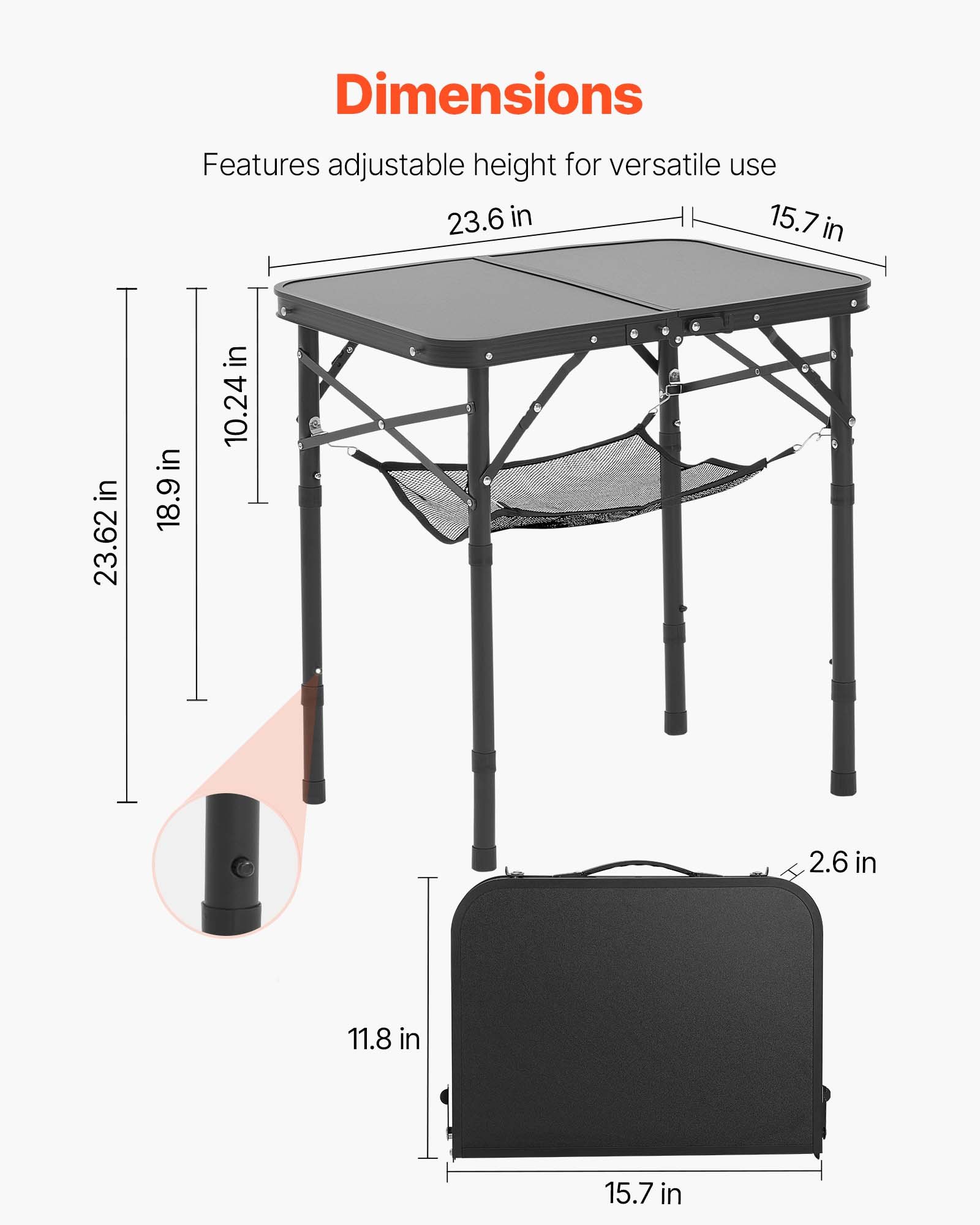 VEVOR Folding Camping Table, Adjustable Height Portable Side Tables, Aluminum MDF Beach Table with Mesh Layer, Carrying Handle, Lightweight Compact for Outdoor Picnic BBQ Cooking, 24x16in, Black