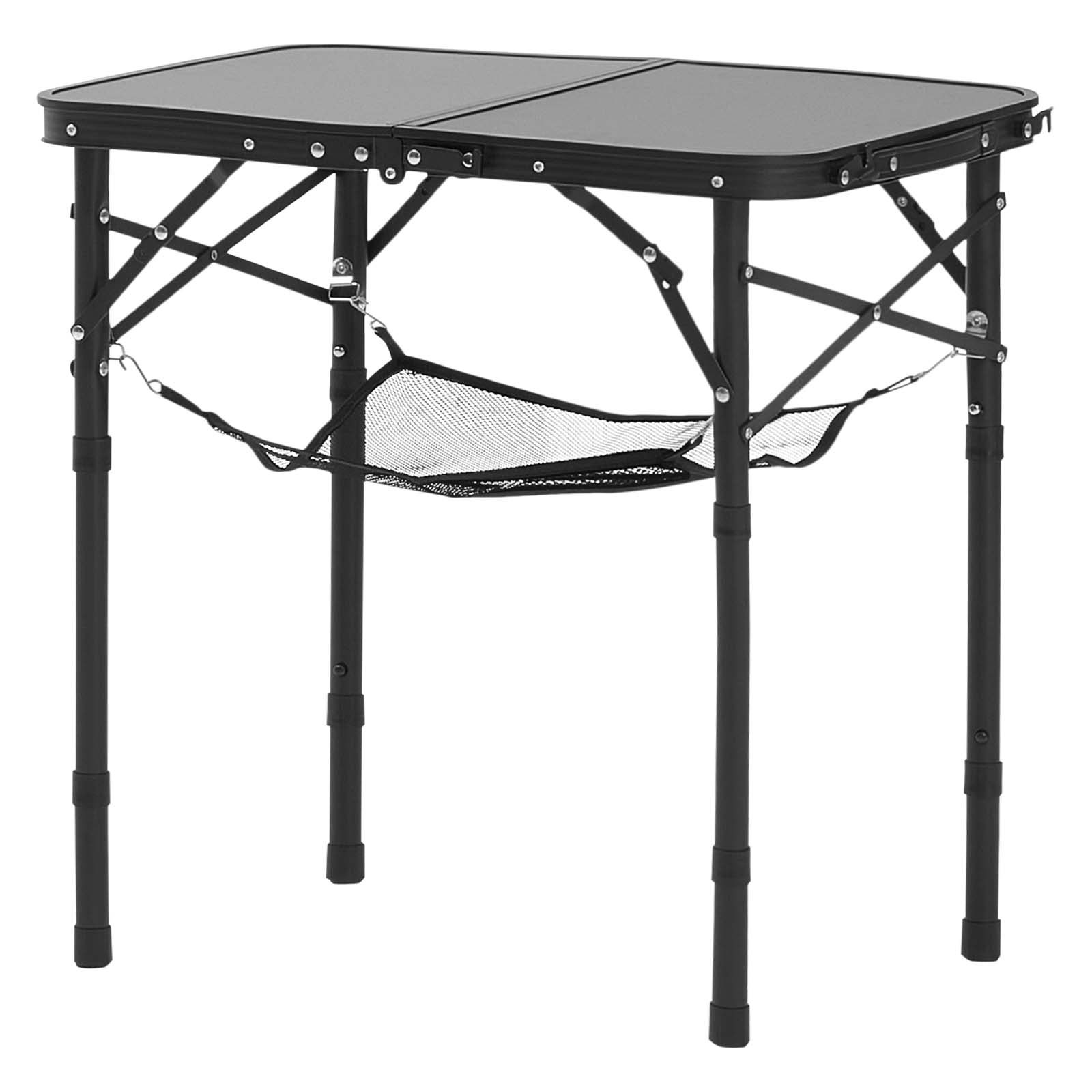 VEVOR Folding Camping Table, Adjustable Height Portable Side Tables, Aluminum MDF Beach Table with Mesh Layer, Carrying Handle, Lightweight Compact for Outdoor Picnic BBQ Cooking, 24x16in, Black