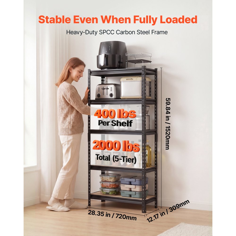 VEVOR Storage Shelves, 5-Tier Adjustable, 2000 lbs Capacity, Heavy Duty Garage Storage Shelving Unit, Metal Utility Rack Shelf, for Kitchen Pantry Basement Bathroom, 28.35" W x 12.17" D x 59.84" H
