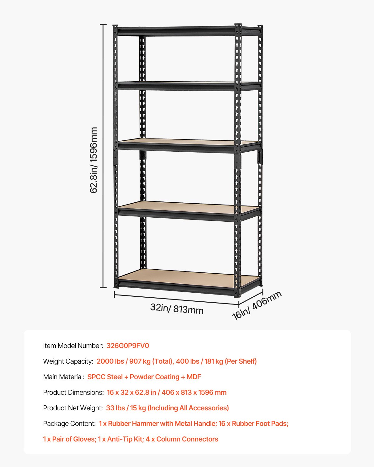 VEVOR Storage Shelves, 2000 lbs, 5 Tier Garage Storage Shelving, 16" D x 32" W x 62.8" H Adjustable Metal Shelves for Garage Shelves Utility Rack Shelf, Ideal for Kitchen, Warehouse, Basement, Black
