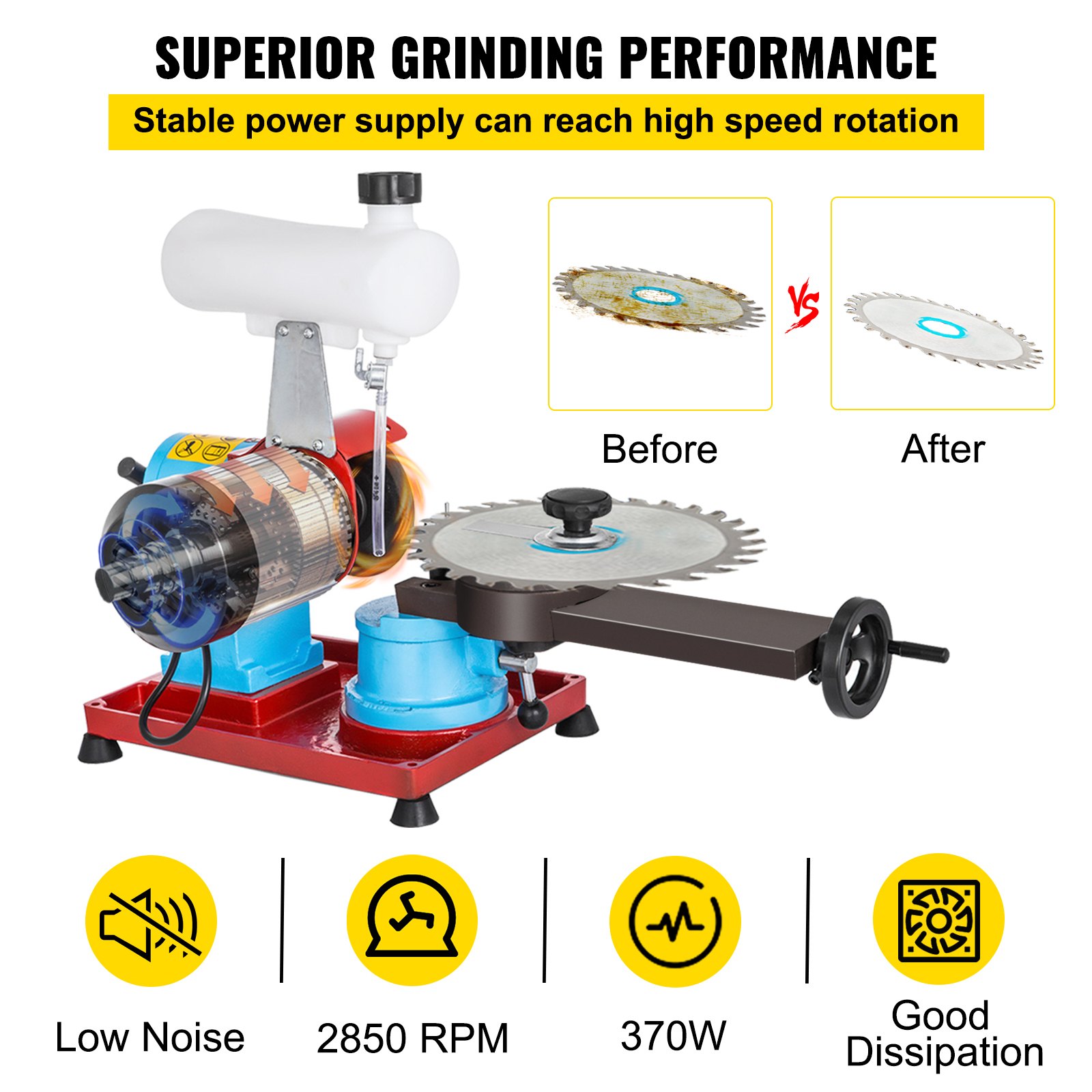 VEVOR Circular Saw Blade Sharpener 370W Saw Blade Sharpener 230V Electric Circular Saw Blade Sharpen 3''-27.5'' / 80-700MM 2850RPM Electric Water Injection Grinding Grinder Machine