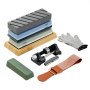 VEVOR knife sharpening kit with grinding stones, angle guide, honing bar, leather strop, and gloves.