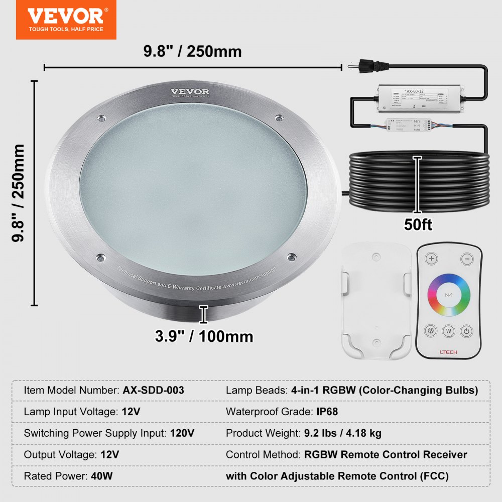 VEVOR 120V AC LED Pool Light, 10 Inch 40W, RGBW Color Changing Inground Swimming Pool Spa Light Underwater, with 50 FT Cord Remote Control, Fit for 10in Large Wet Niches, IP68 & Tested to UL Standards