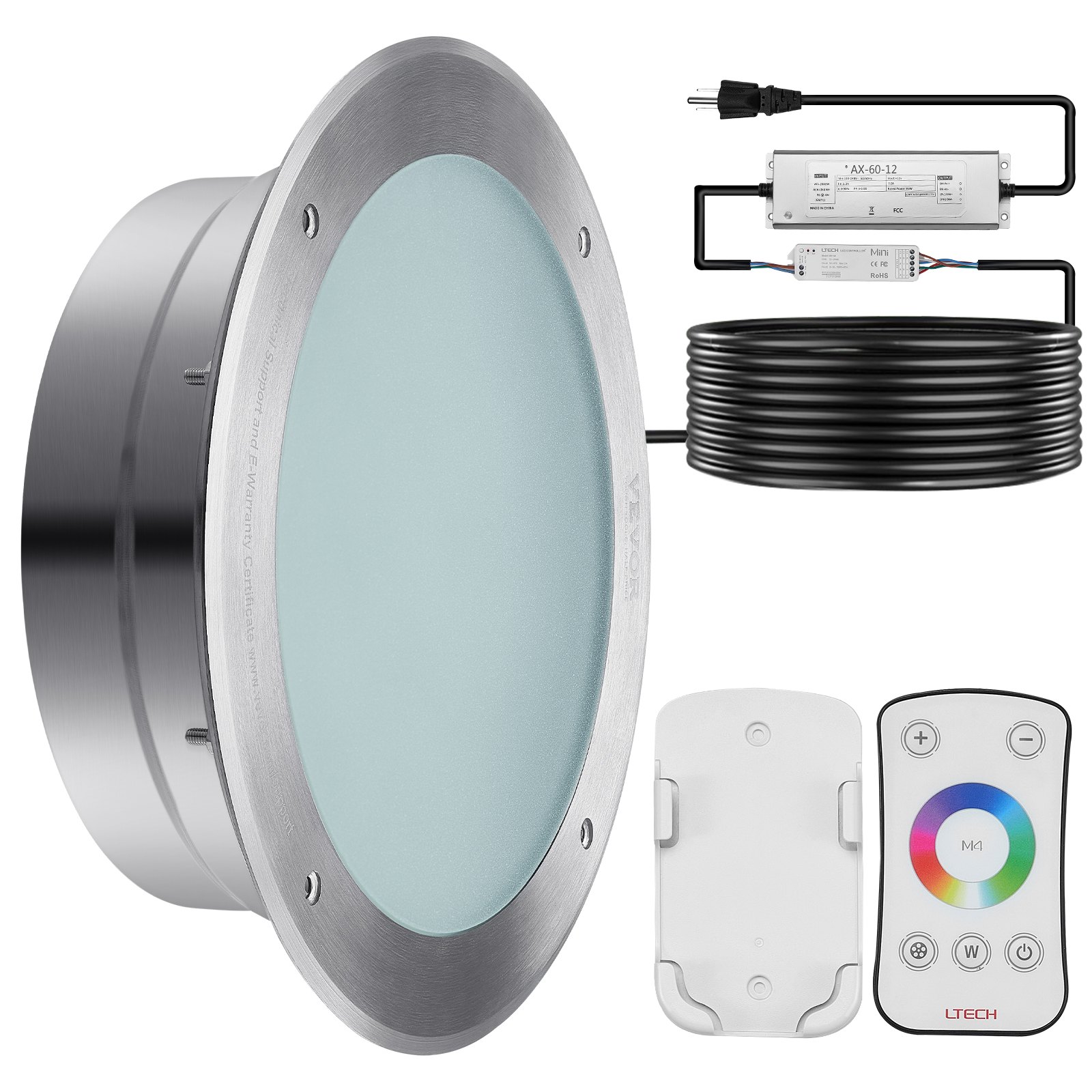 VEVOR 120V AC LED Pool Light, 10 Inch 40W, RGBW Color Changing Inground Swimming Pool Spa Light Underwater, with 50 FT Cord Remote Control, Fit for 10in Large Wet Niches, IP68 & Tested to UL Standards