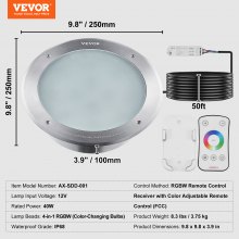 VEVOR 12V LED Pool Light, 10 Inch 40W, RGBW Color Changing Inground Swimming Pool Spa Light Underwater, with 50 FT Cord Remote Control, Fit for 10 in Large Wet Niches, IP68 & Tested to UL Standards