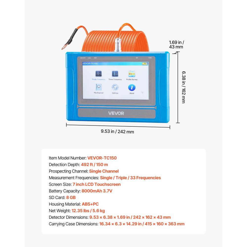VEVOR Underground Water Detector, Up to 492ft (150m) Pro Underground Water Detection Locator, 7" Touchscreen Auto Mapping Well Detector Explorer with Multi-Frequency Measurement, 8GB Card, Carry Case
