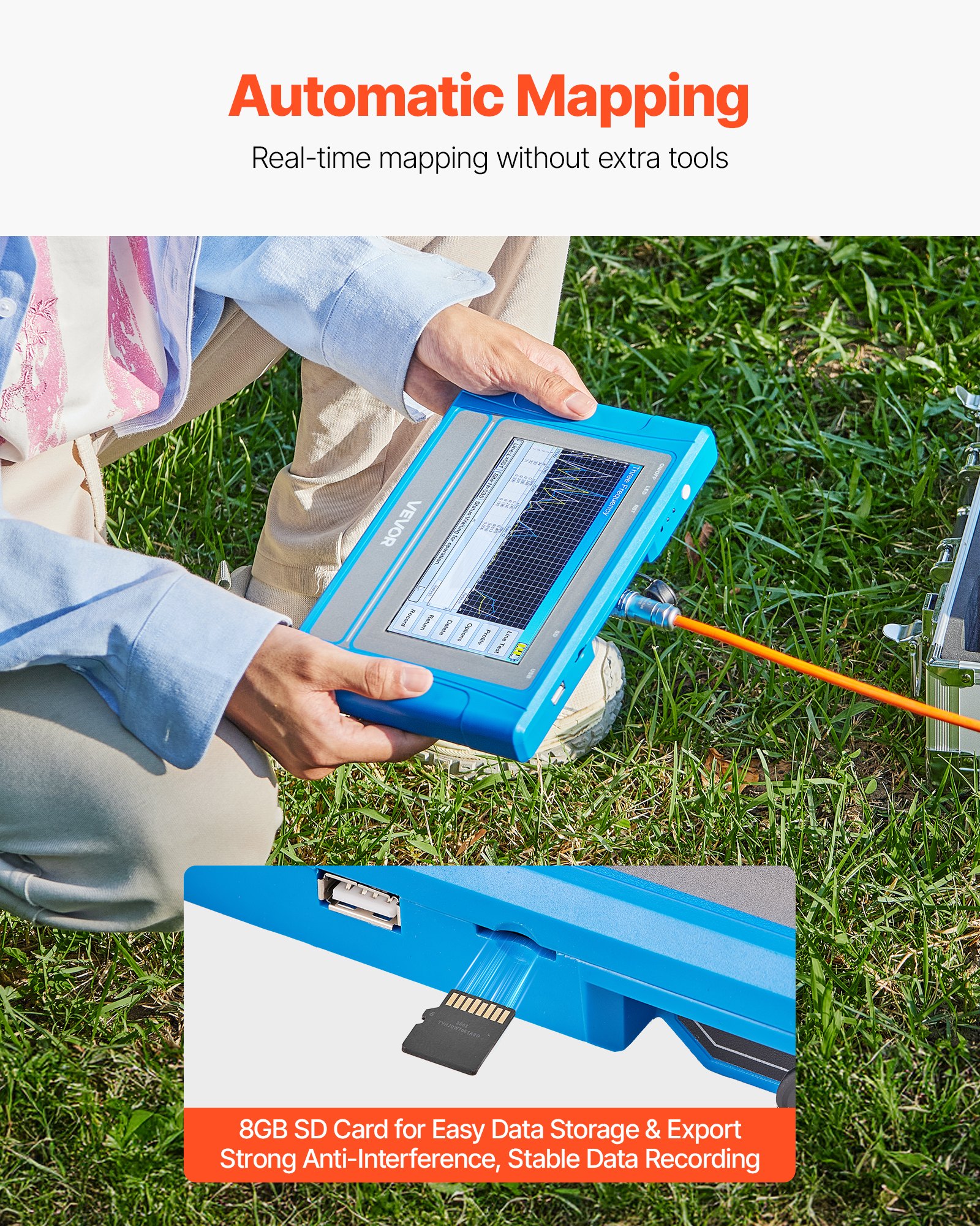 VEVOR Underground Water Detector, Up to 492ft (150m) Pro Underground Water Detection Locator, 7" Touchscreen Auto Mapping Well Detector Explorer with Multi-Frequency Measurement, 8GB Card, Carry Case