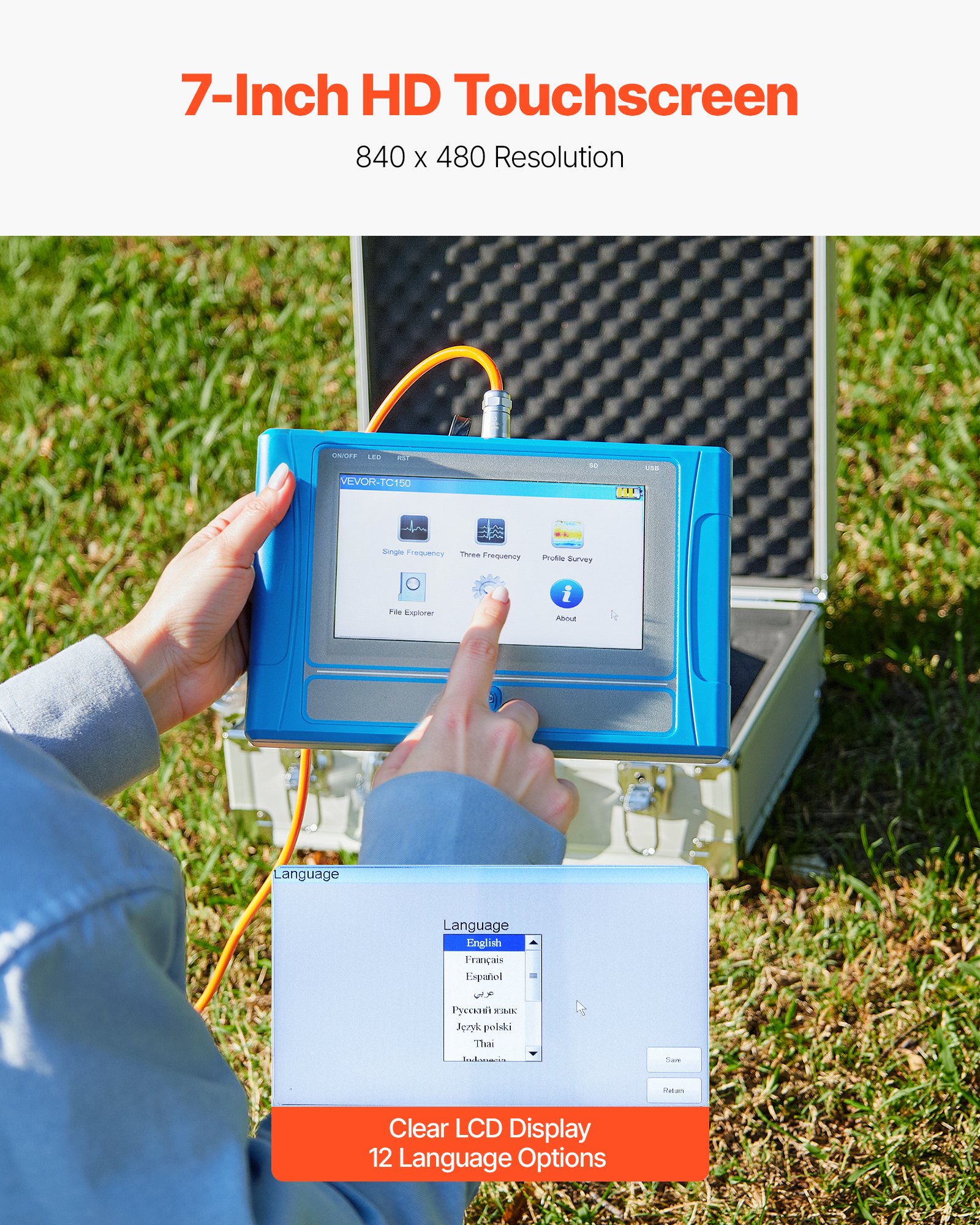 VEVOR Underground Water Detector, Up to 492ft (150m) Pro Underground Water Detection Locator, 7" Touchscreen Auto Mapping Well Detector Explorer with Multi-Frequency Measurement, 8GB Card, Carry Case