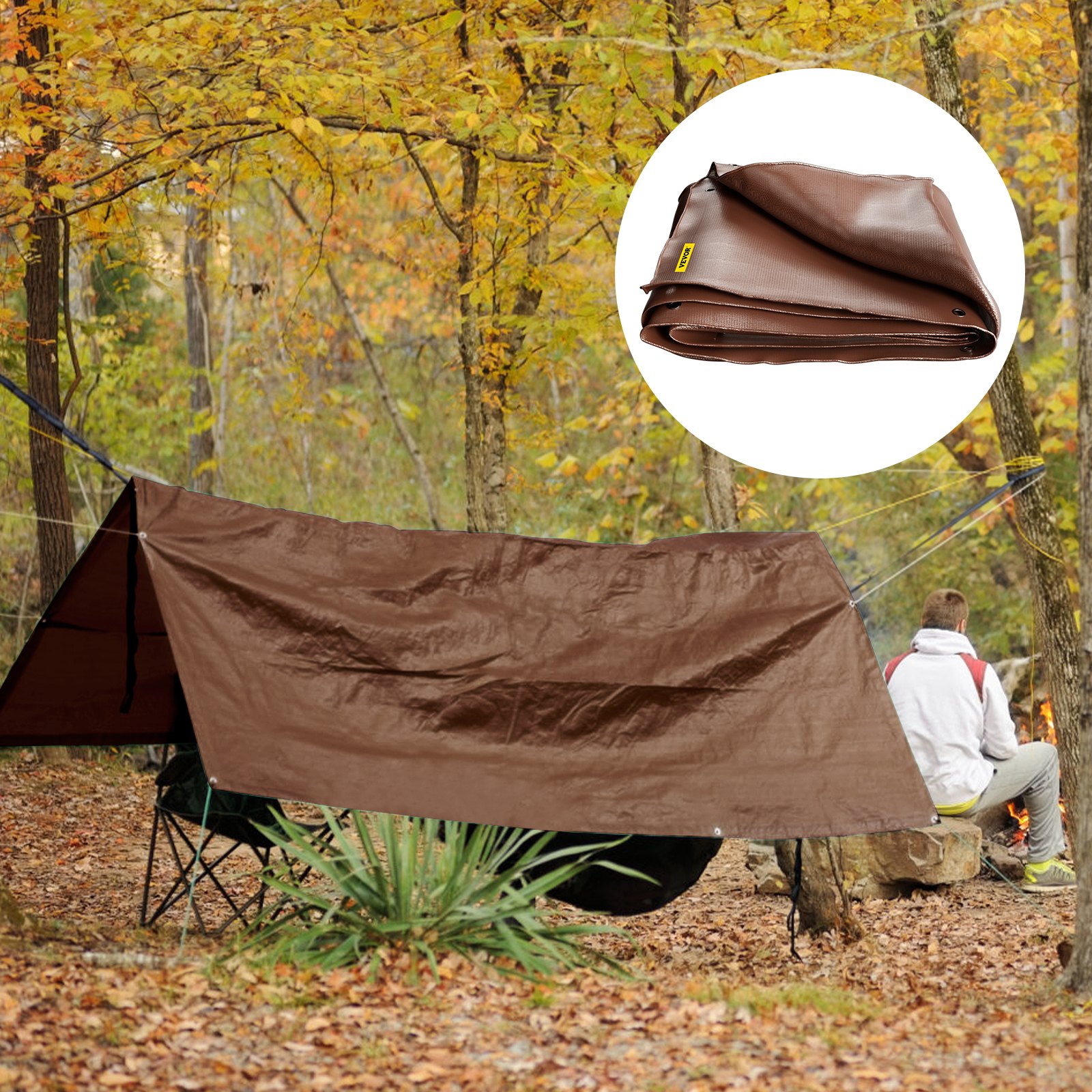 VEVOR Heavy Duty Tarp, 12 x 20 ft 16 Mil Thick, Waterproof Multi-Purpose Outdoor Cover, Rip and Tear Proof PE Tarpaulin with Reinforced Edges for Truck, RV, Boat, Roof, Tent, Camping, Pool, Brown