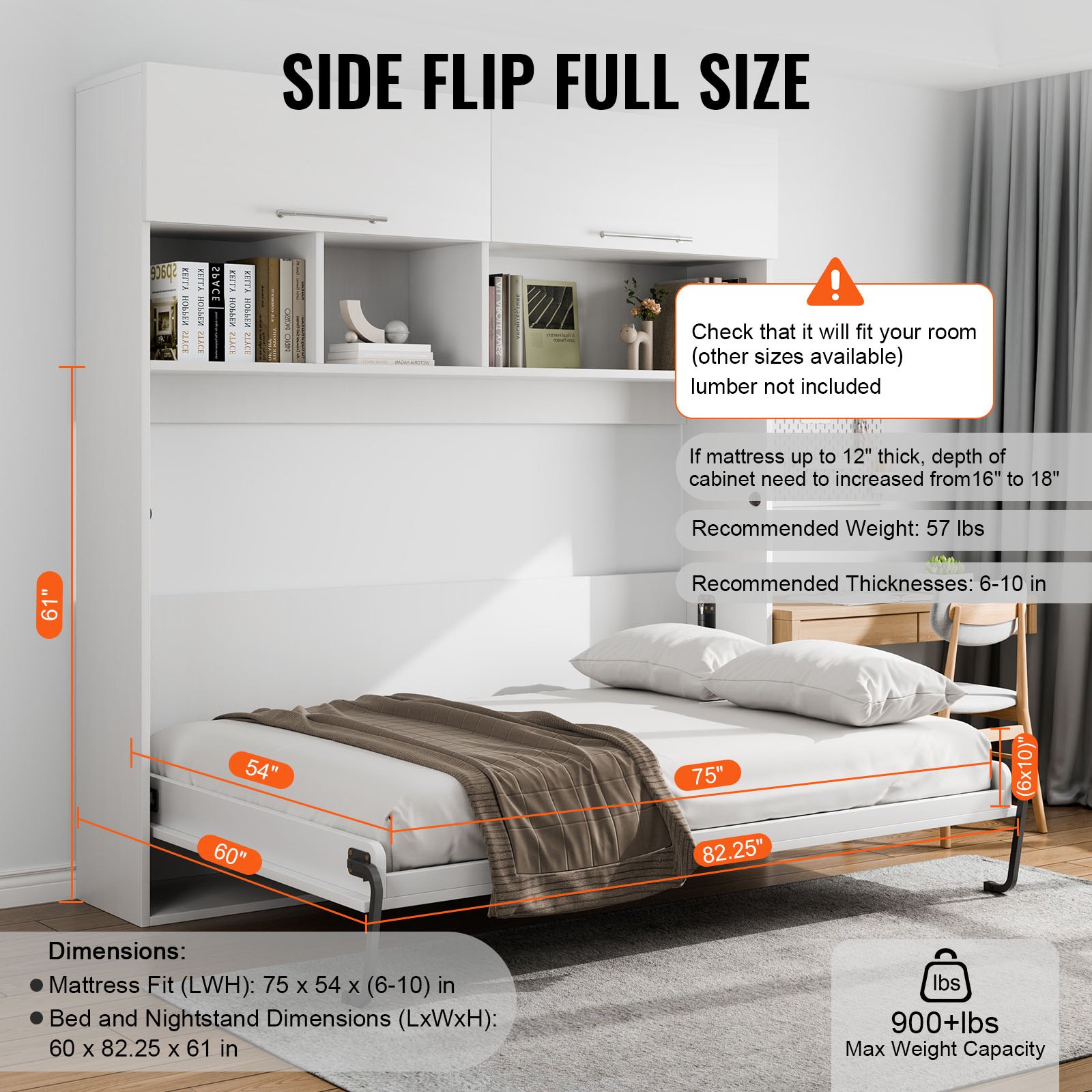 VEVOR Murphy Bed Kit, Twin Size, Deluxe DIY Wall Bed Mechanical Hardware Kit, Pneumatic Lever Heavy Duty Bed Frame Support, Folding Cabinet Wall Bed Space Saving Design for Guestroom, Easy to Build
