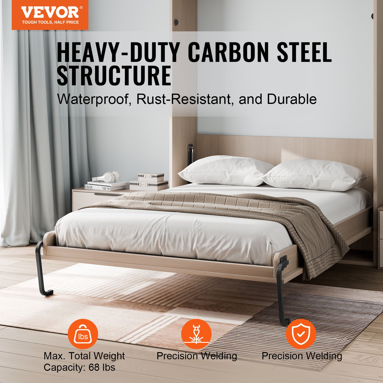 VEVOR Murphy Bed Kit, Queen Size, Vertical Deluxe DIY Wall Bed Mechanical Hardware Kit, Pneumatic Lever Heavy Duty Bed Frame Support, Folding Cabinet Wall Bed Space Saving Design for Guestroom