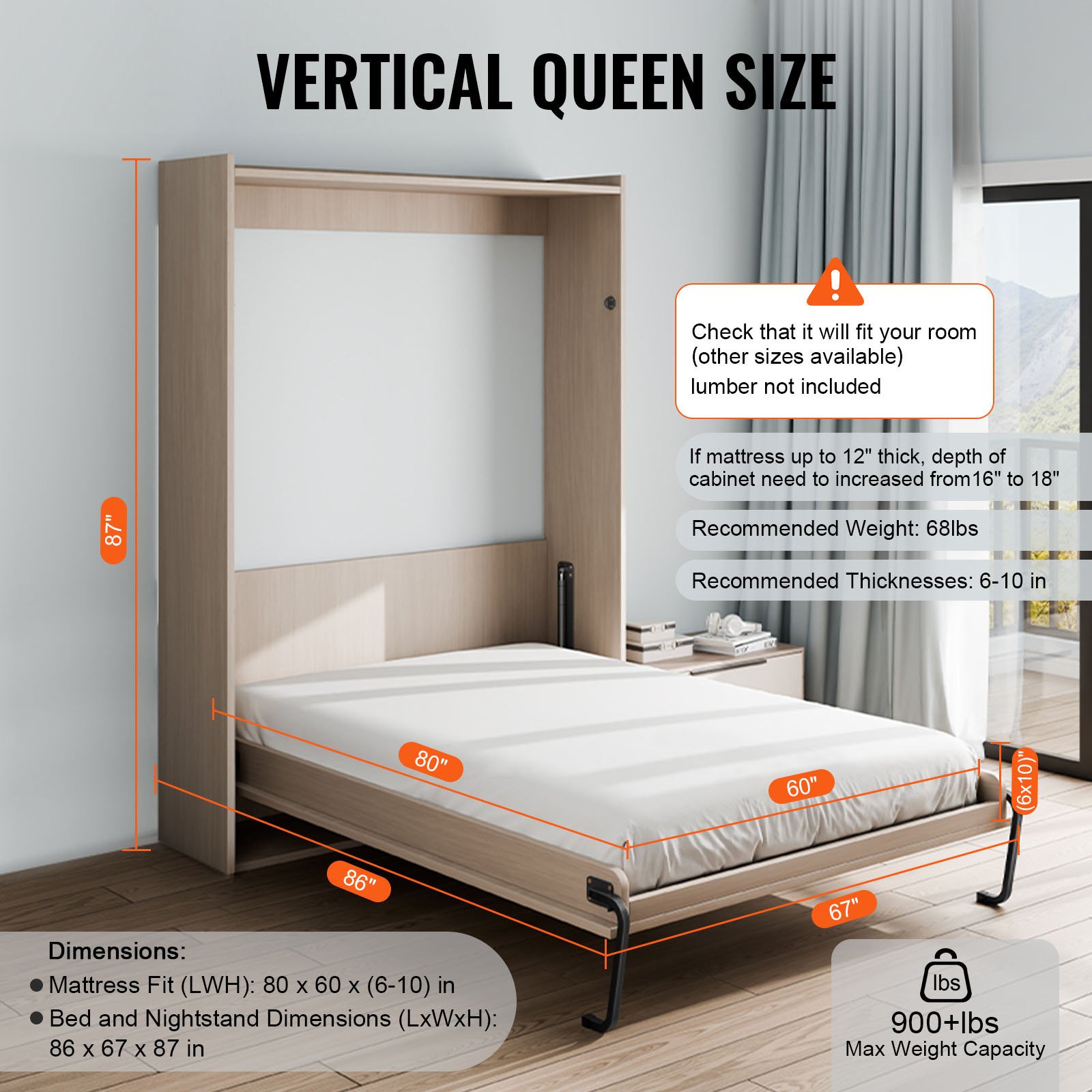 VEVOR Murphy Bed Kit, Queen Size, Vertical Deluxe DIY Wall Bed Mechanical Hardware Kit, Pneumatic Lever Heavy Duty Bed Frame Support, Folding Cabinet Wall Bed Space Saving Design for Guestroom