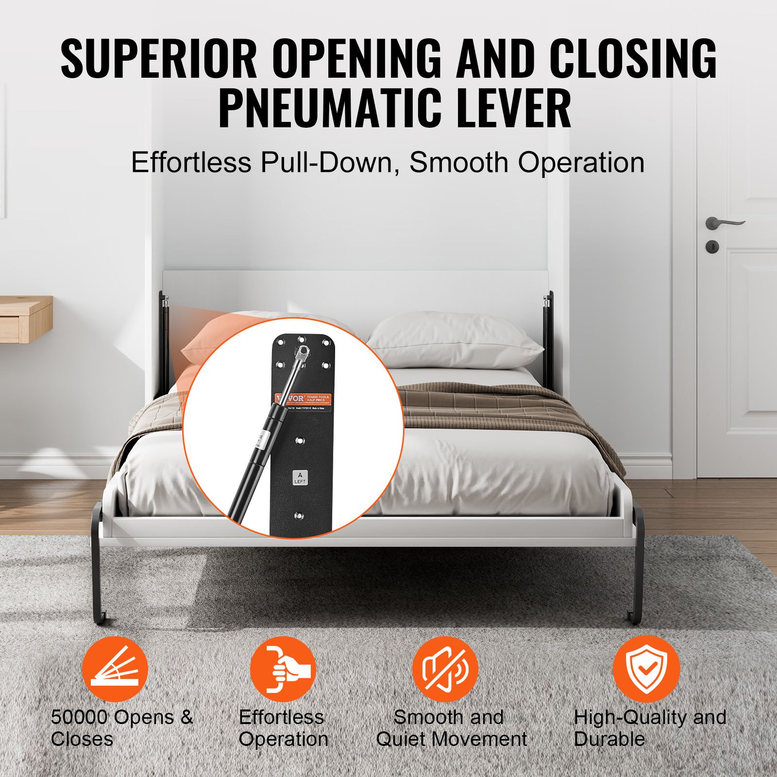 VEVOR Murphy Bed Kit, Queen Size, Vertical Deluxe DIY Wall Bed Mechanical Hardware Kit, Pneumatic Lever Heavy Duty Bed Frame Support, Folding Cabinet Wall Bed Space Saving Design for Guestroom