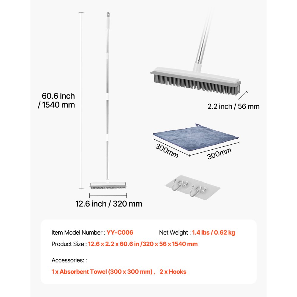 VEVOR Pet Hair Removal Broom, 58.46 in Adjustable Long Handle, Rubber Broom with Built in Squeegee Reusable Dog Cat Hair Remover, for Couch Furniture Hardwood Floor Tile