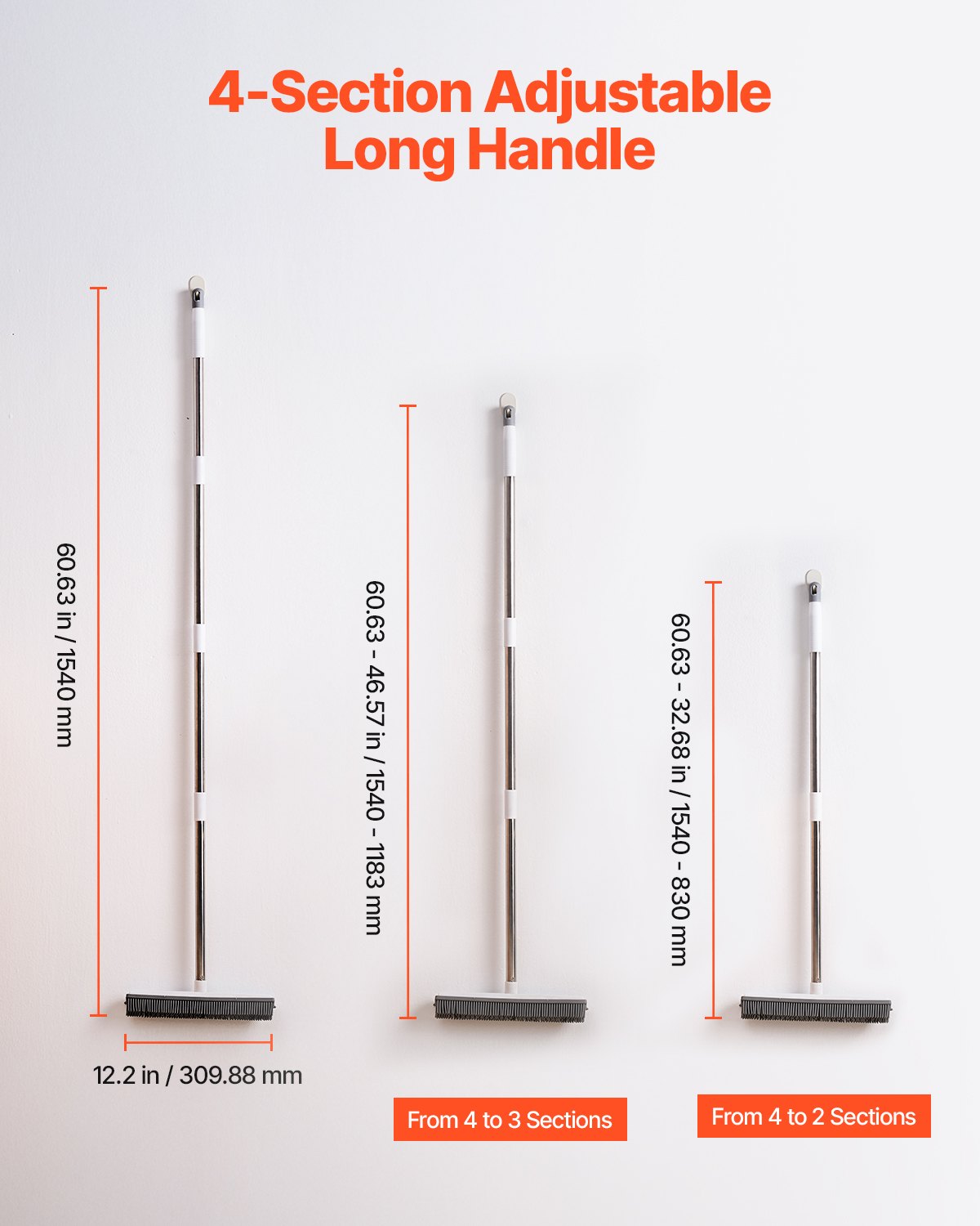 VEVOR Pet Hair Removal Broom, 58.46 in Adjustable Long Handle, Rubber Broom with Built in Squeegee Reusable Dog Cat Hair Remover, for Couch Furniture Hardwood Floor Tile