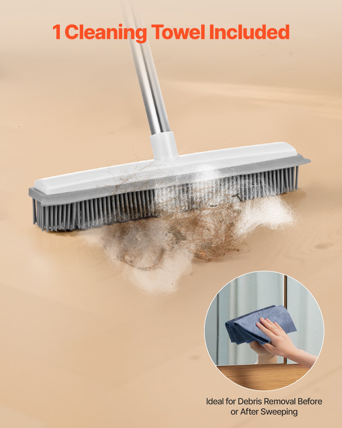 VEVOR Pet Hair Removal Broom, 58.46 in Adjustable Long Handle, Rubber Broom with Built in Squeegee Reusable Dog Cat Hair Remover, for Couch Furniture Hardwood Floor Tile