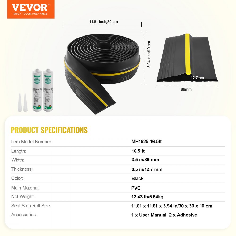 VEVOR Garage Door Threshold Seal Strip, 16.5 FT Universal Garage Door Floor Seal Strip with Adhesive, Garage Door Bottom Weatherproof Strip, Upgraded Thick PVC DIY Weather Stripping Replacement, Black