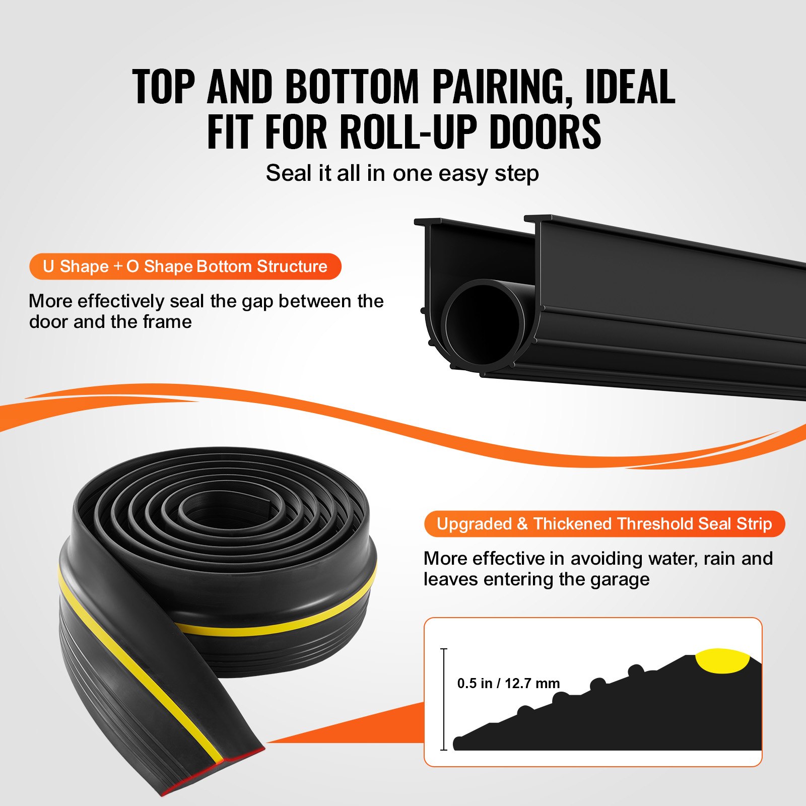 VEVOR Garage Door Threshold and Bottom Seals Kit, 254 mm U Shape+O Ring Universal Garage Door Bottom Seal Weatherstrip PVC, Combine with Weatherproof Garage Threshold Seal Strip with Adhesive, Black