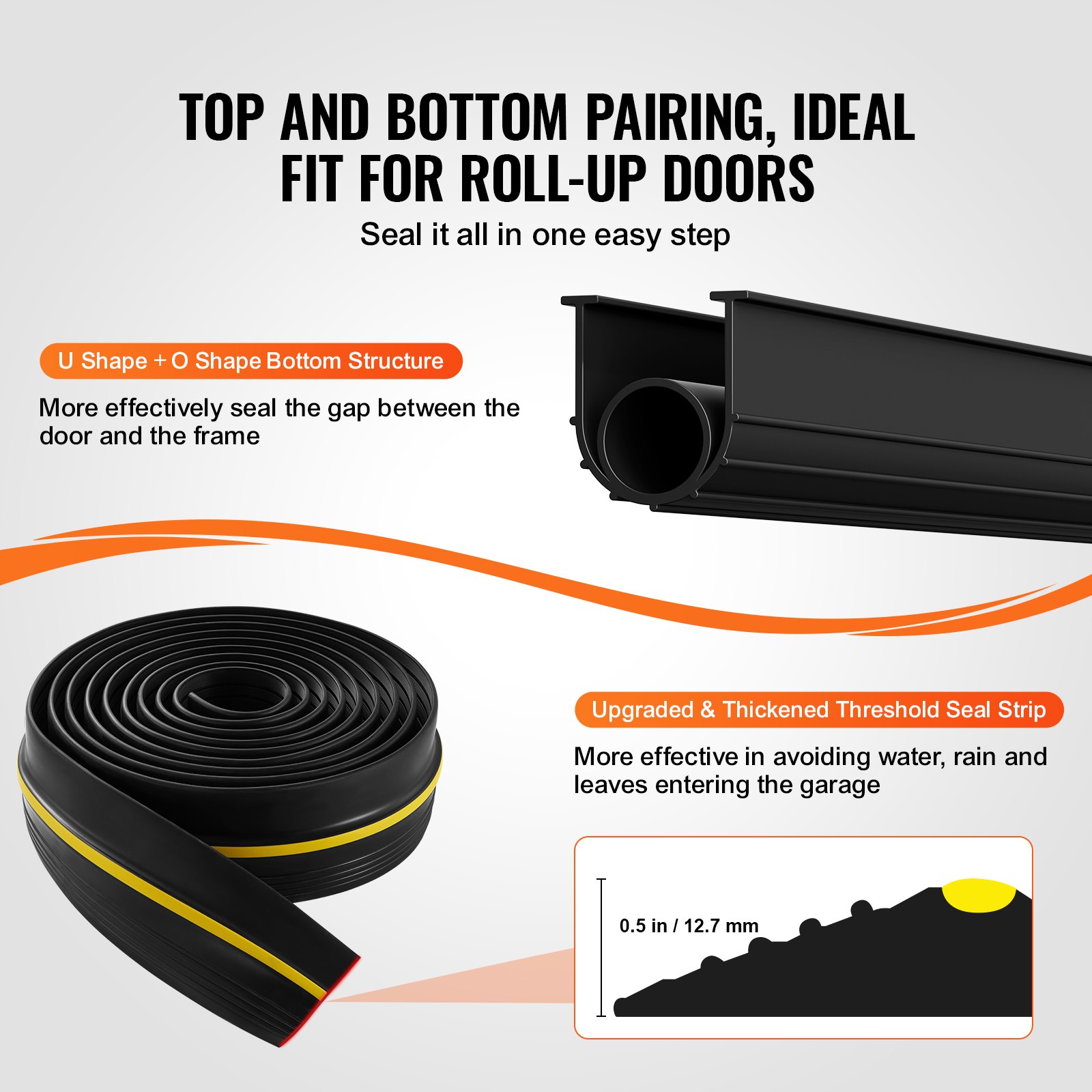 VEVOR Garage Door Threshold and Bottom Seals Kit, 406 mm U Shape+O Ring Universal Garage Door Bottom Seal Weatherstrip PVC, Combine with Weatherproof Garage Threshold Seal Strip with Adhesive, Black