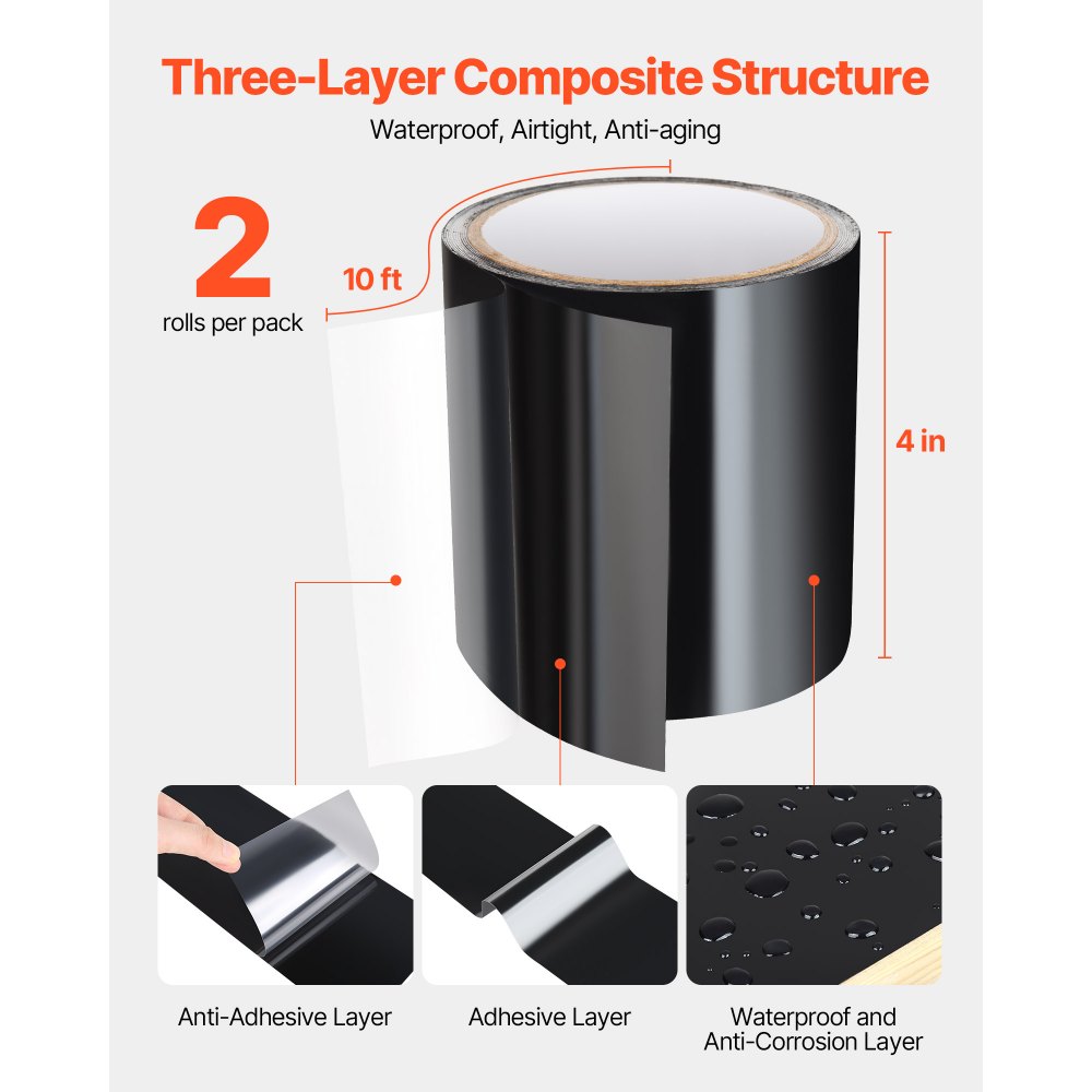 VEVOR Waterproof Patch and Seal Tape, 4 inch x 10 ft, Pack of 2, Weather-Resistant Waterproof Tape for Leaks and Repairs, Peel and Stick Easy Indoor and Outdoor Use for Roof, Wall, and Pipe, Black