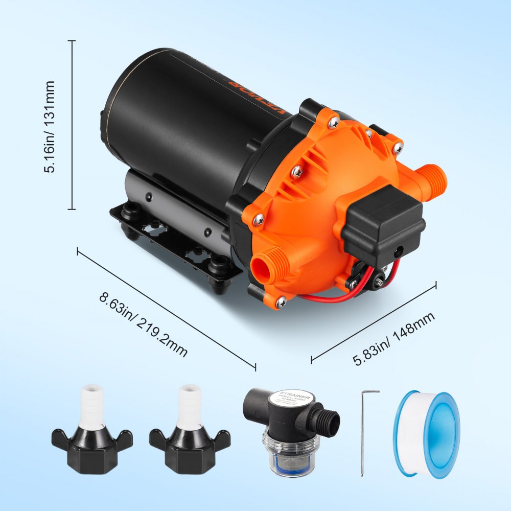 VEVOR Water Diaphragm Pump, 12V DC, 5.5 GPM Flow, 70 PSI Rated Pressure (40-100 PSI Adjustable), 1/2" MNPT Self Priming Sprayer Pump with Pressure Switch for RV Camper Marine Boat Lawn, FCC Certified
