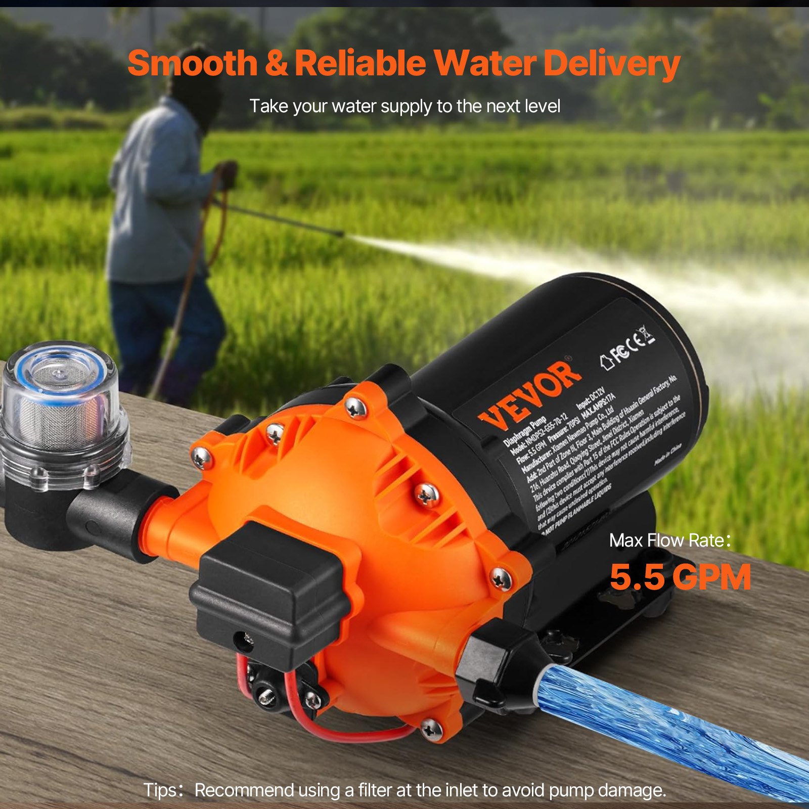 VEVOR Water Diaphragm Pump, 12V DC, 5.5 GPM Flow, 70 PSI Rated Pressure (40-100 PSI Adjustable), 1/2" MNPT Self Priming Sprayer Pump with Pressure Switch for RV Camper Marine Boat Lawn, FCC Certified
