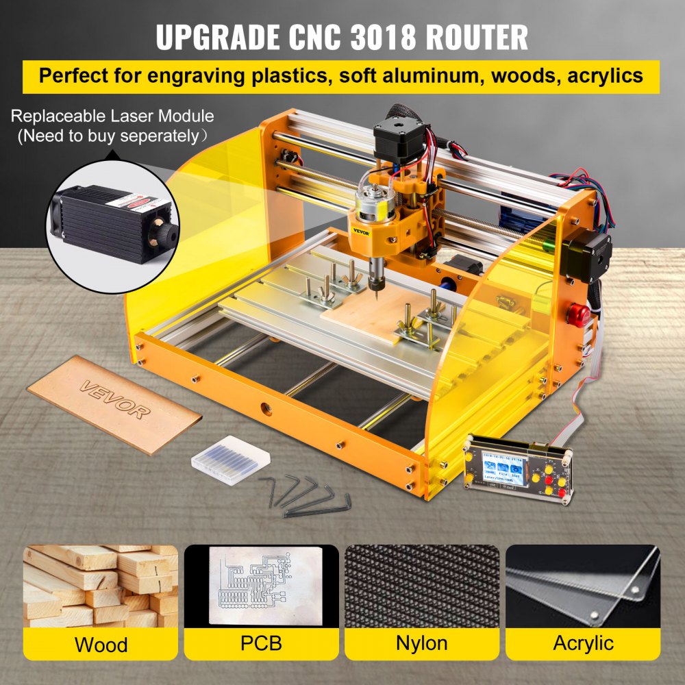 VEVOR CNC Router Machine, 3018-PRO w/GRBL Offline Control, Limit Switches & Emergency-Stop, PCB PVC Wood leather Engraving Machine, Dustproof Safe Acrylic Baffle, XYZ Working Area 300 x 180 x 45mm