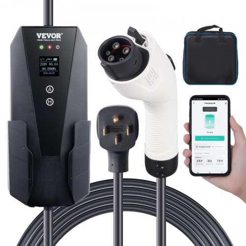 VEVOR 240V Portable EV Charger Level 2, SAE J1772 Electric Vehicle Charger ,16/20/24/32A Adjustable Current Plug-in Home EV Charging Station With 25-Foot Charging Cable NEMA 14-50P