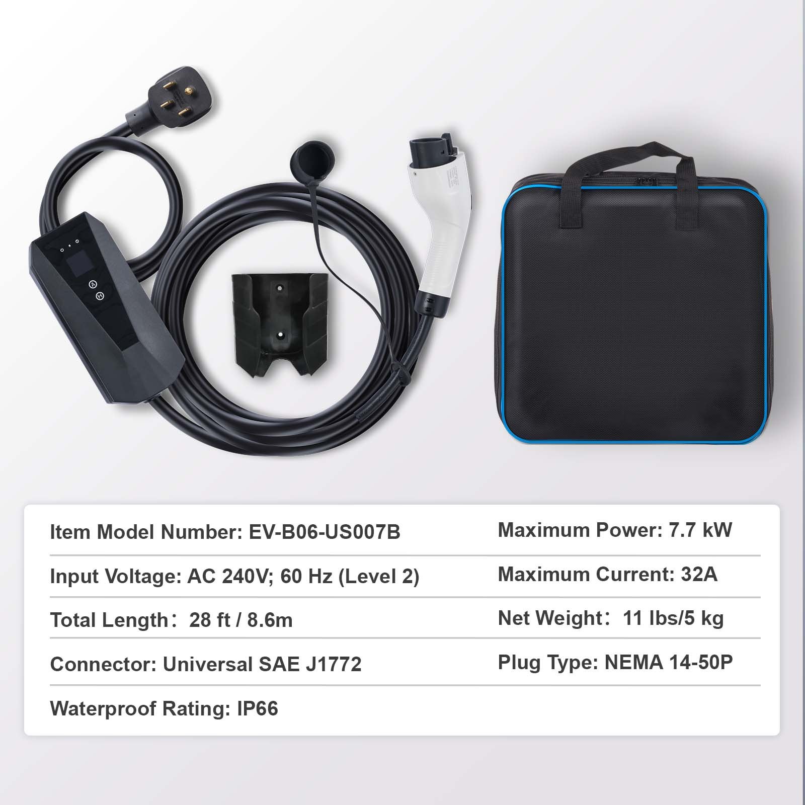 VEVOR Level 2 Portable EV Charger, 32 Amp 240V, Electric Vehicle Charger with 28 ft Charging Cable NEMA 14-50P Plug, 16/20/24/32A Adjustable Current Plug-in Home EV Charging Station for SAE J1772 EVs