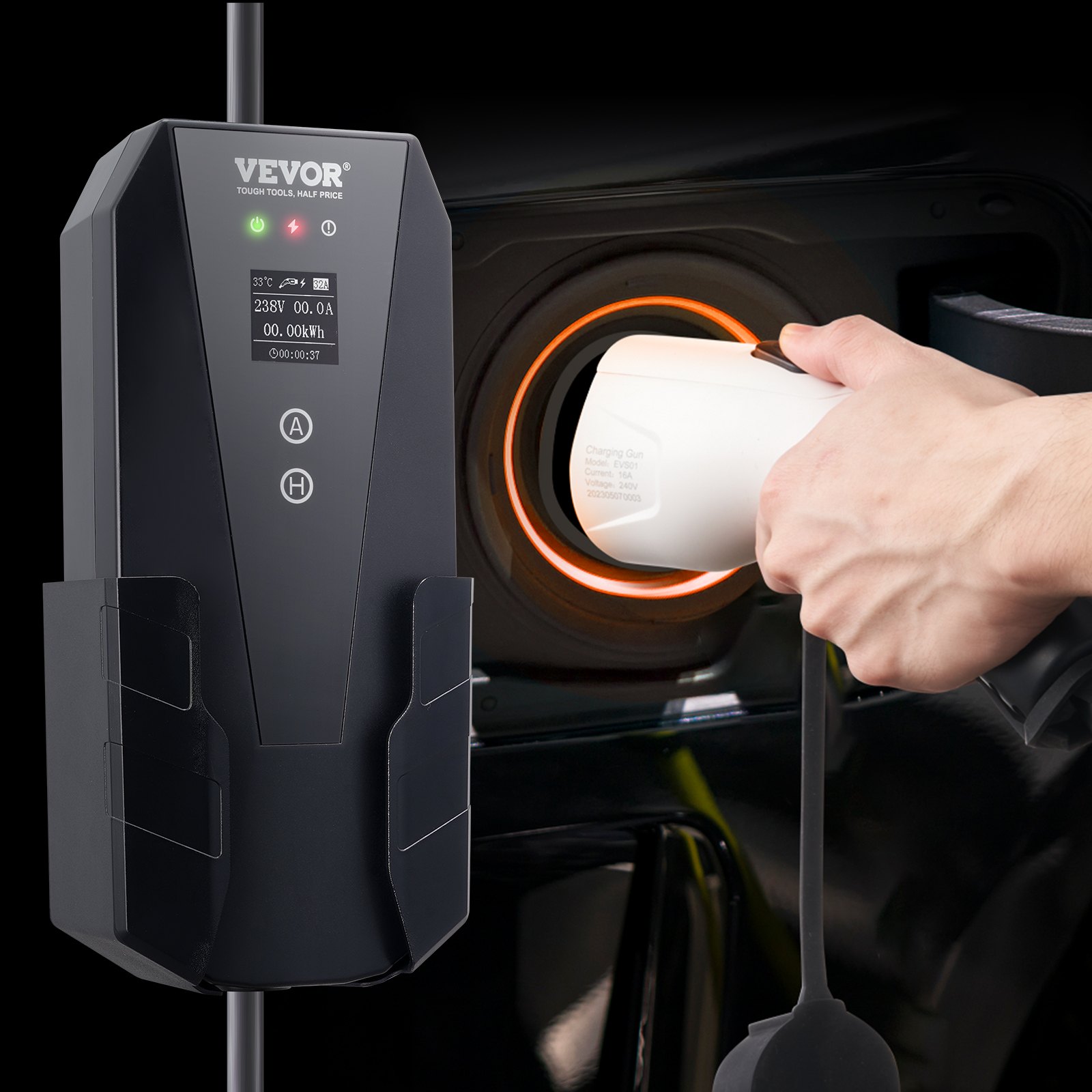VEVOR Level 2 Portable EV Charger, 32 Amp 240V, Electric Vehicle Charger with 28 ft Charging Cable NEMA 14-50P Plug, 16/20/24/32A Adjustable Current Plug-in Home EV Charging Station for SAE J1772 EVs