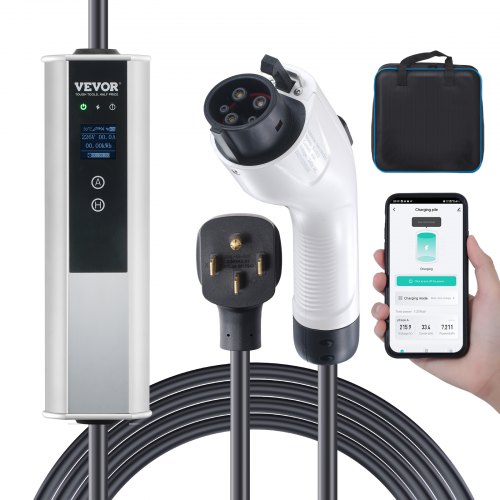VEVOR Level 2 Portable EV Charger, 40A 240V, Electric Vehicle Charger with 25 ft Charging Cable NEMA 14-50P Plug, 40A/32A/24A/16A Adjustable Current Plug-in Home EV Charging Station for SAE J1772 EVs