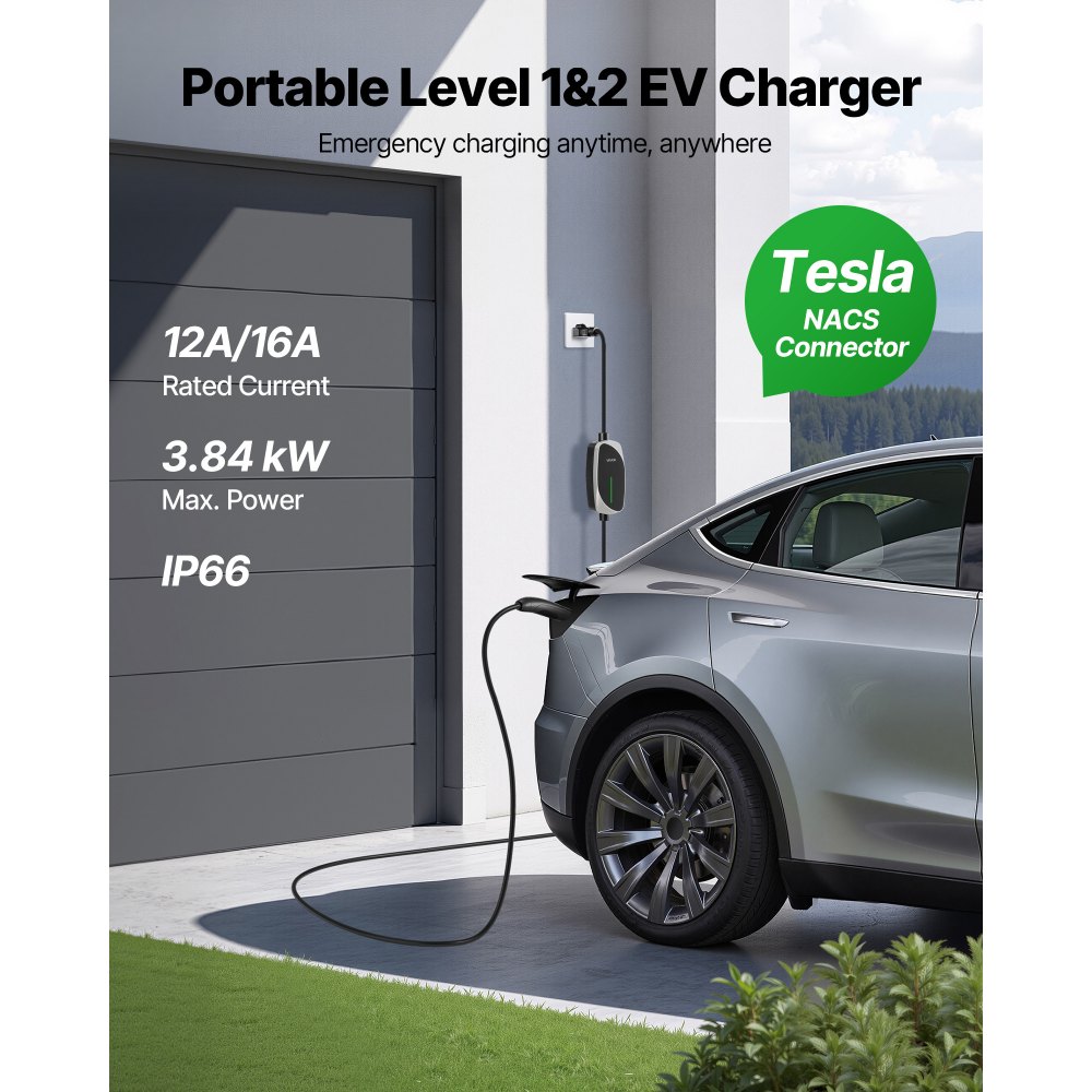 VEVOR Level 1/2 Tesla Charger, 16 Amp, Portable Electric Car EV Charger with 25 ft Charging Cable, 120V-240V, NEMA 6-20P Plug NEMA 5-15 Adapter, LED Indicator, NACS Connector for Tesla Model Y/X/3/S