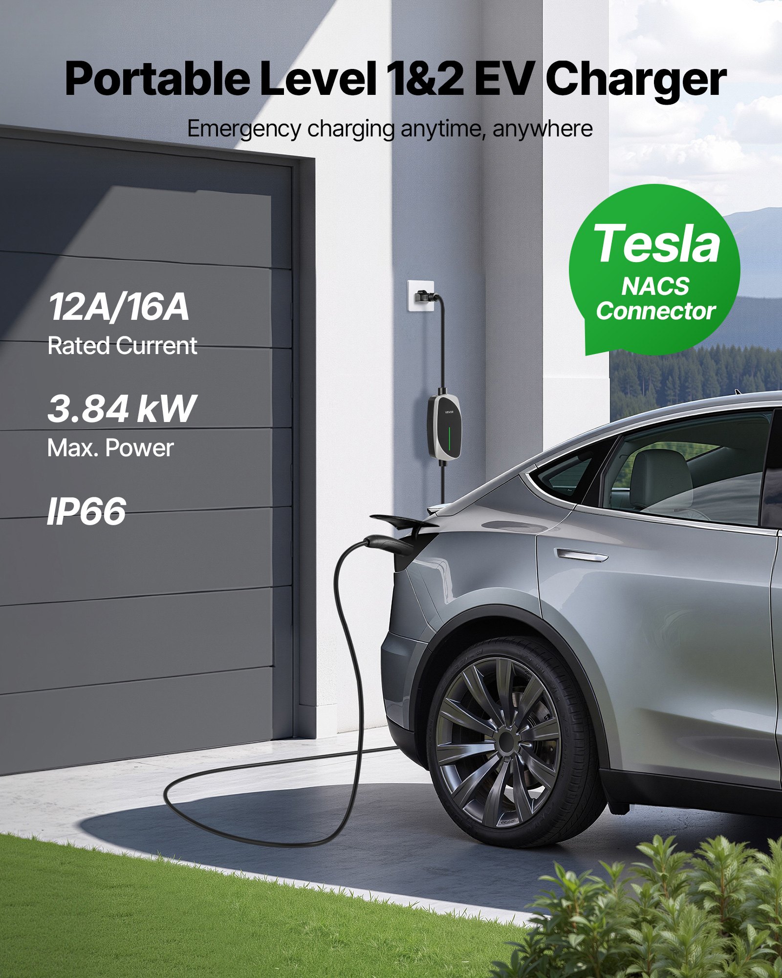 VEVOR Level 1/2 Tesla Charger, 16 Amp, Portable Electric Car EV Charger with 25 ft Charging Cable, 120V-240V, NEMA 6-20P Plug NEMA 5-15 Adapter, LED Indicator, NACS Connector for Tesla Model Y/X/3/S