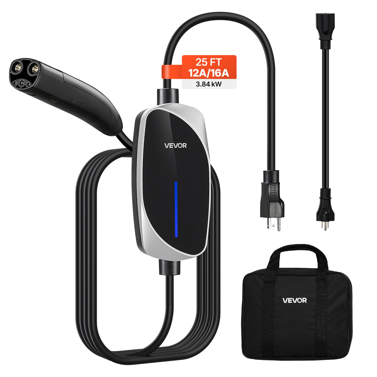 VEVOR Level 1/2 Tesla Charger, 16 Amp, Portable Electric Car EV Charger with 25 ft Charging Cable, 120V-240V, NEMA 6-20P Plug NEMA 5-15 Adapter, LED Indicator, NACS Connector for Tesla Model Y/X/3/S