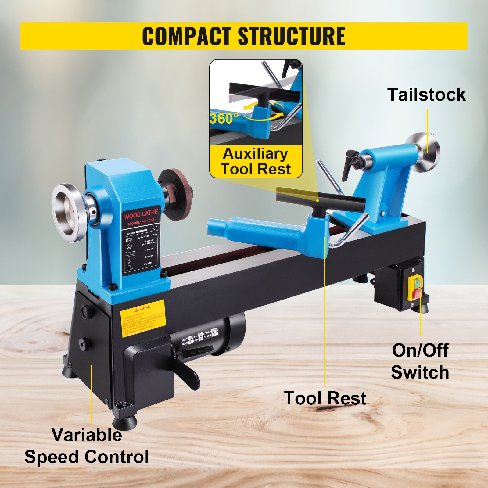 Mini Benchtop Wood Lathe 254x458mm 500-3200RPM Mute Stability Variable Speeds