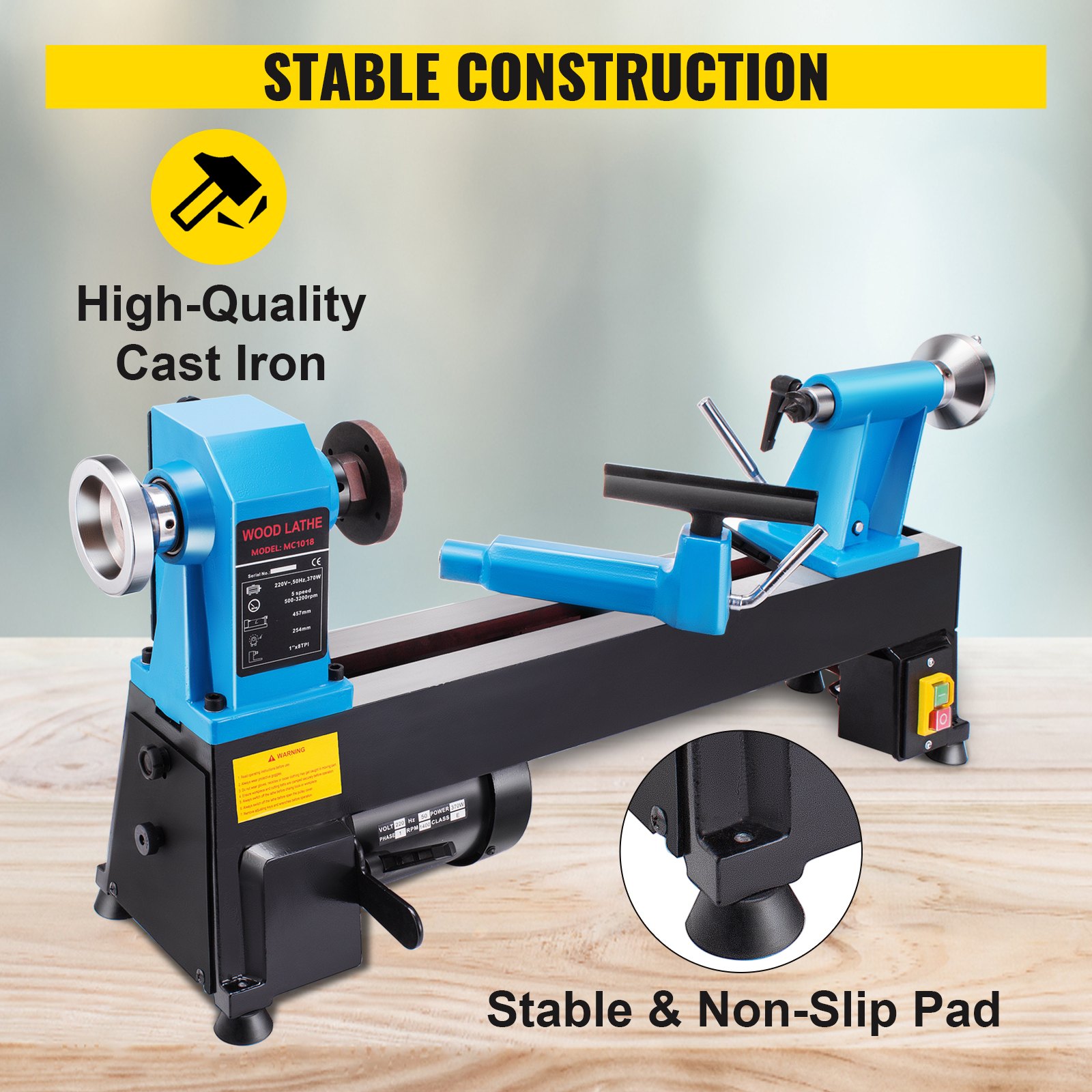 Mini Benchtop Wood Lathe 254x458mm 500-3200RPM Mute Stability Variable Speeds