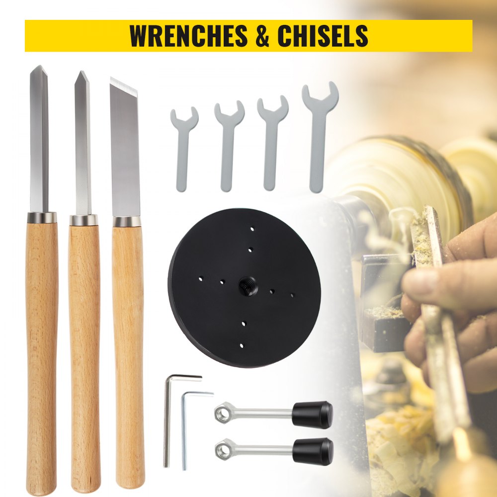 VEVOR Bench top Wood Lathe 14" x 20", Power Wood Lathe 4 Speeds 1100/1600/2300/3400 RPM, Small Mini Lathe 120V, Wood Turning Lathe with Three Chisels and Wrenches, Table Lathe for Wood Working