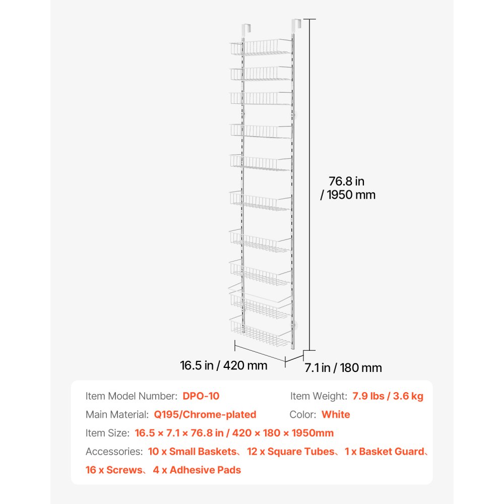 VEVOR Over the Door Pantry Organizer, 10-Tier Pantry Organization and Storage, Heavy-Duty Steel Hanging Spice Rack, Adjustable Wall Seasoning Shelves, for Home Kitchen Laundry Room Bathroom, White
